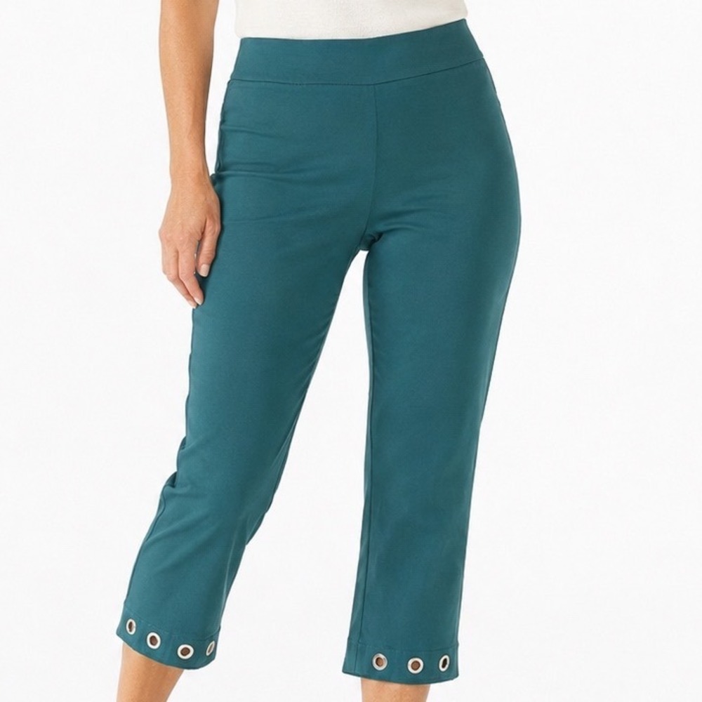 Emaline Petite Teal Pull-On Crop Pants Grommet Hem Stretch Size 12P